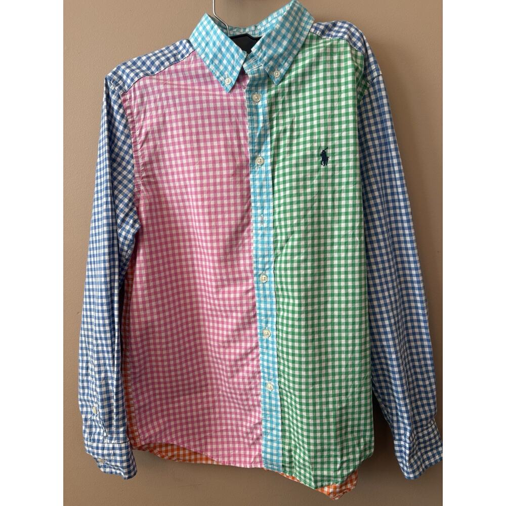 Ralph Lauren Boys Shirt Multicolor Color Block Checked Pony Button Large (14-16)